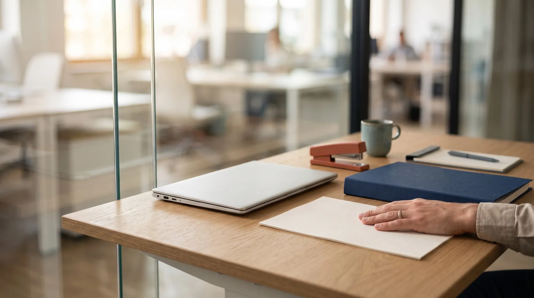 Bureau calme près d'une cloison vitrée : un ordinateur portable fermé, une feuille vierge, une main posée dessus.
